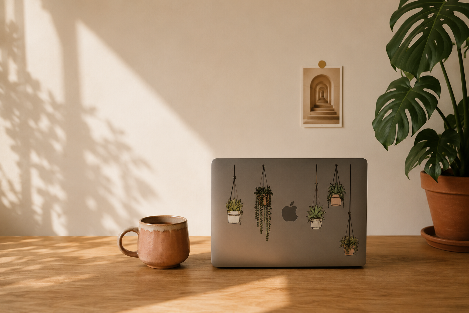 A warm, sunlit workspace with a laptop, handmade mug, and monstera plant